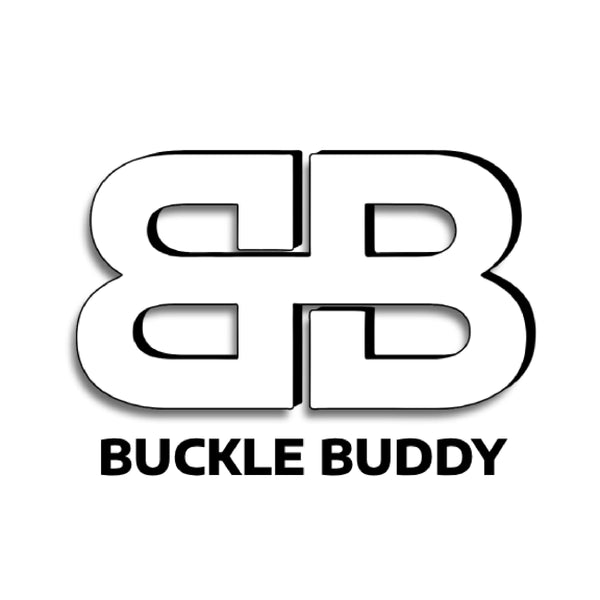 Black and white logo of 'Buckle Buddy' with stylized letters on a white background