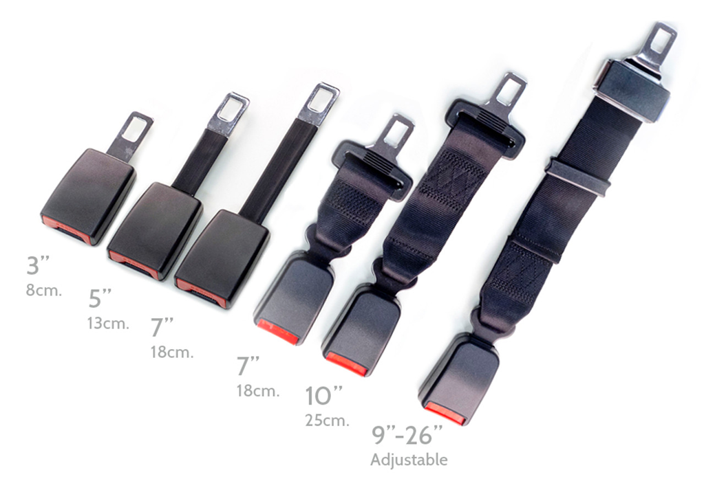 Set of car seat belt extenders with measurement indicators on a white background